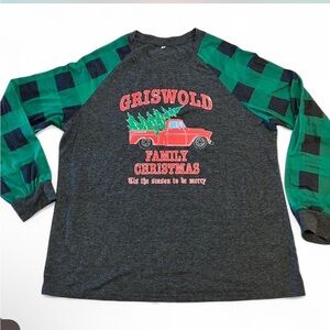 Christmas Long Sleeve Graphic Tee Plaid Sleeves and Griswold Design, Women’s XL